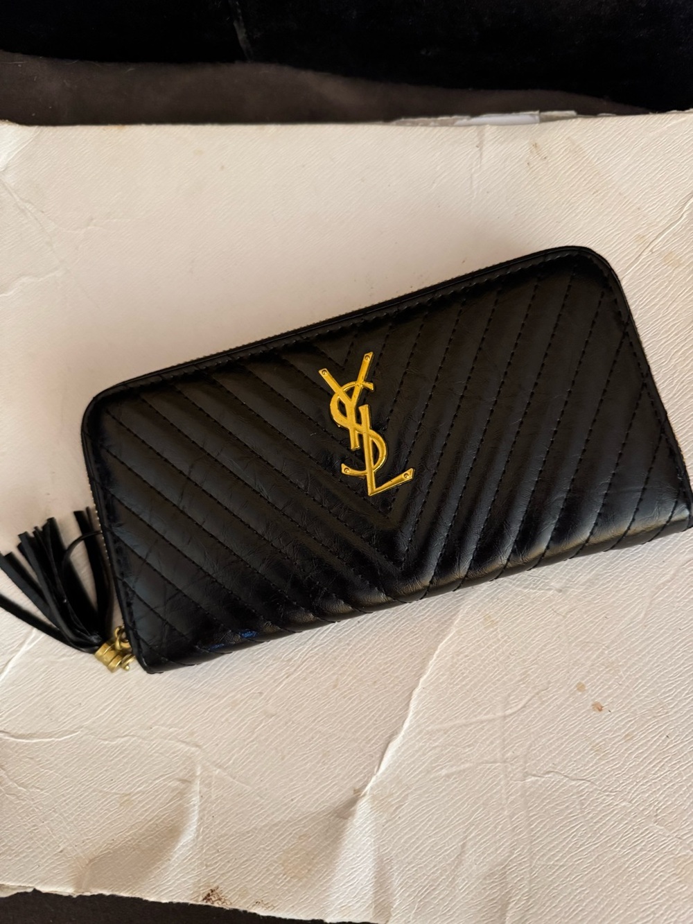 Black Quilted Leather Zip-Around Wallet with Gold YSL